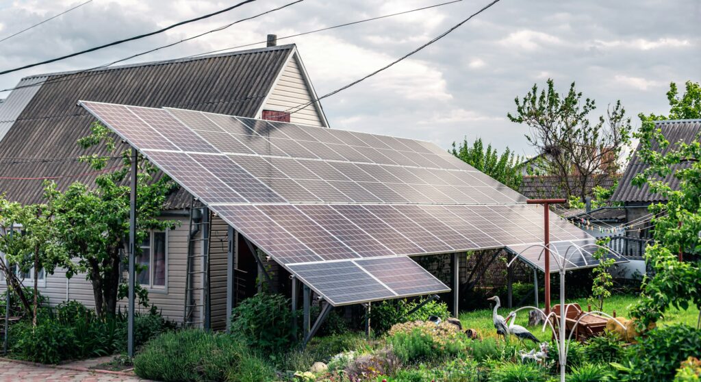 Solar system, solar panels near the house.